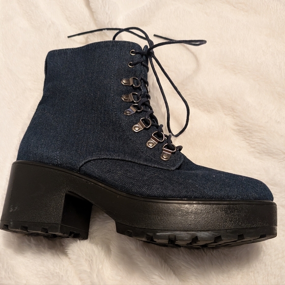 Denim zip up chunky heel platform ankle boots SUPER COMFY (W-10) - Picture 6 of 7
